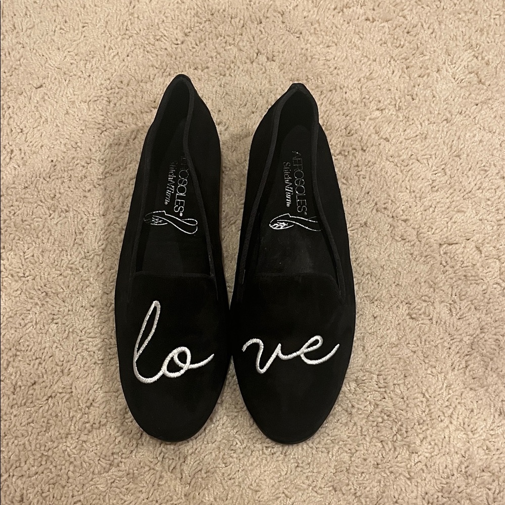 AEROSOLES “Love” Black Suede Loafers with White Script